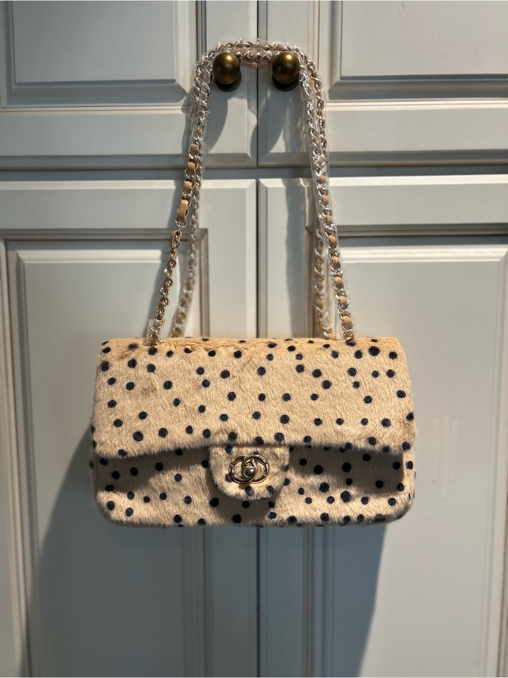 Cream and Black Polka Dot Shoulder Bag with Chain Strap